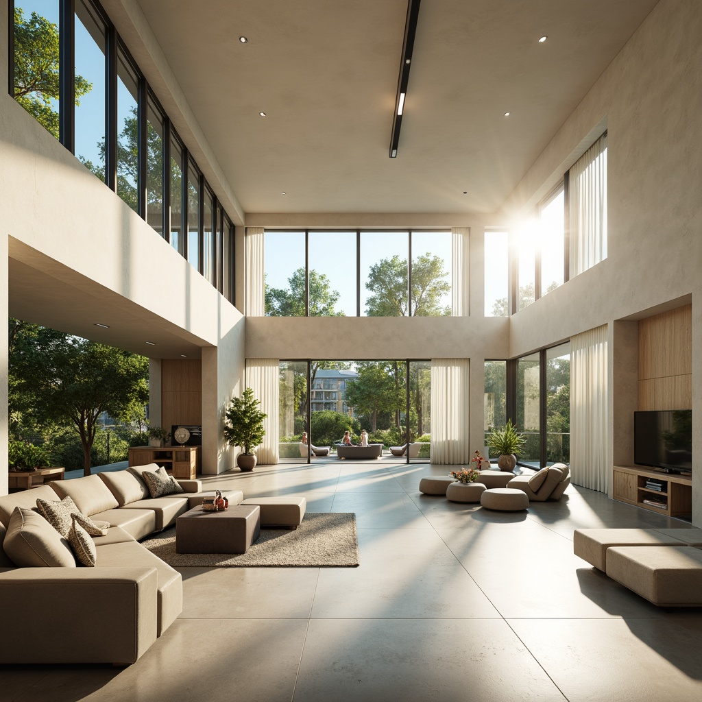 Prompt: Spacious great room, high ceilings, large windows, sliding glass doors, transparent curtains, minimal window treatments, light-colored walls, reflective flooring, sleek modern furniture, greenery views, surrounding trees, sunny day, soft warm lighting, shallow depth of field, 3/4 composition, panoramic view, realistic textures, ambient occlusion.