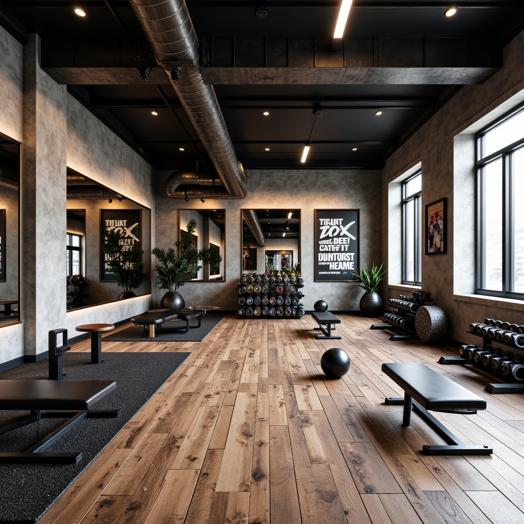 Prompt: Industrial-chic home gym, reclaimed wood flooring, metal beams, exposed ductwork, industrial-style lighting fixtures, rubberized flooring, mirrored walls, modern minimalist decor, functional training equipment, adjustable dumbbells, exercise mats, resistance bands, jump ropes, motivational quotes, urban loft ambiance, high-contrast color scheme, bold graphic patterns, sleek metal accents, ergonomic seating, textured concrete walls, large windows, natural light, airy atmosphere, shallow depth of field, 3/4 composition, realistic textures, ambient occlusion.