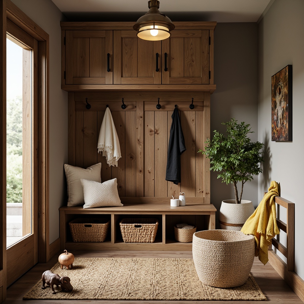 Prompt: Cozy mudroom, rustic wooden bench, woven baskets, natural fiber rugs, earthy color palette, built-in cabinetry, functional shelving units, hooks for hanging gear, wicker storage bins, leather straps, metal accents, warm pendant lighting, 3/4 composition, shallow depth of field, realistic textures, ambient occlusion.