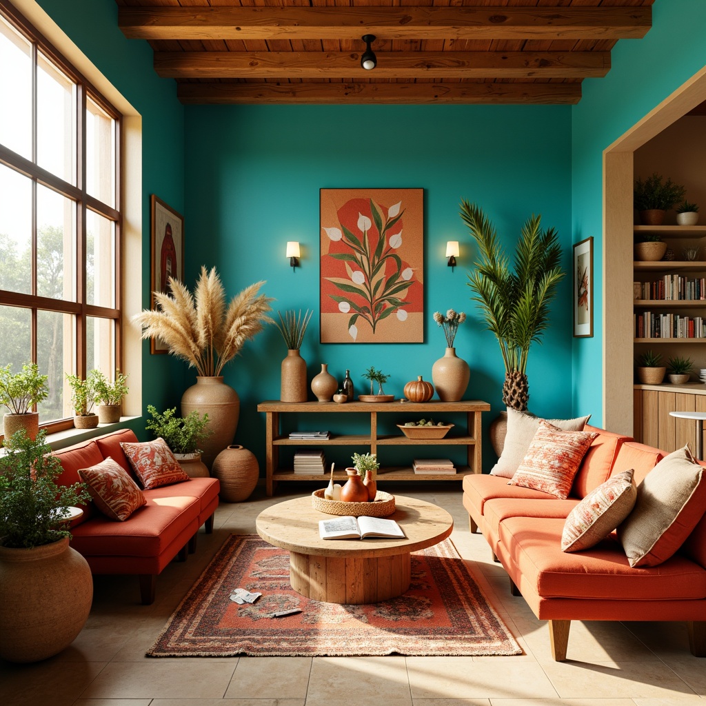 Prompt: Vibrant turquoise walls, warm beige floors, rustic wooden furniture, woven Native American-inspired textiles, colorful ceramic vases, desert botanicals, natural light pouring in through large windows, soft earthy tones, terracotta accents, geometric patterns, bold red and orange hues, cozy reading nooks, eclectic mix of vintage and modern decorative items, abstract artwork, warm golden lighting, shallow depth of field, 1/1 composition, intimate atmosphere.