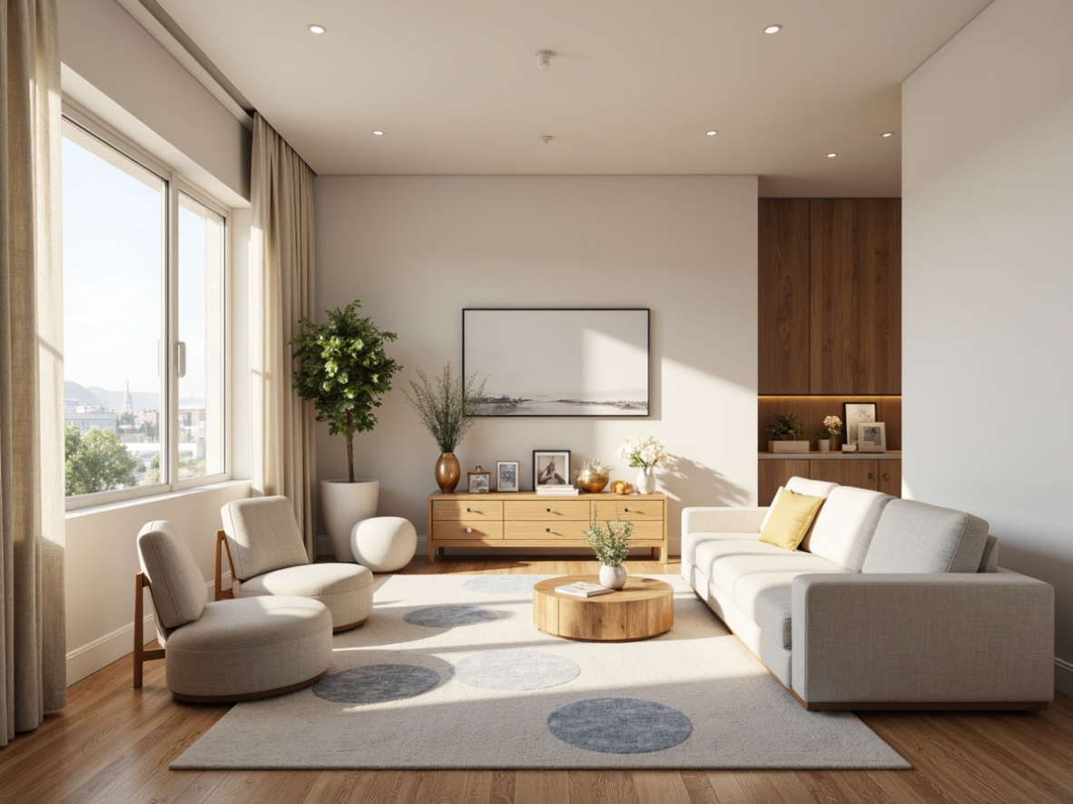 Prompt: Calming interior space, soft warm lighting, gentle color transitions, creamy whites, soothing blues, earthy browns, natural wood accents, plush textiles, rounded furniture shapes, minimalist decor, subtle pattern repeats, abstract artwork, soft focus blur, shallow depth of field, 1/1 composition, realistic renderings, ambient occlusion.