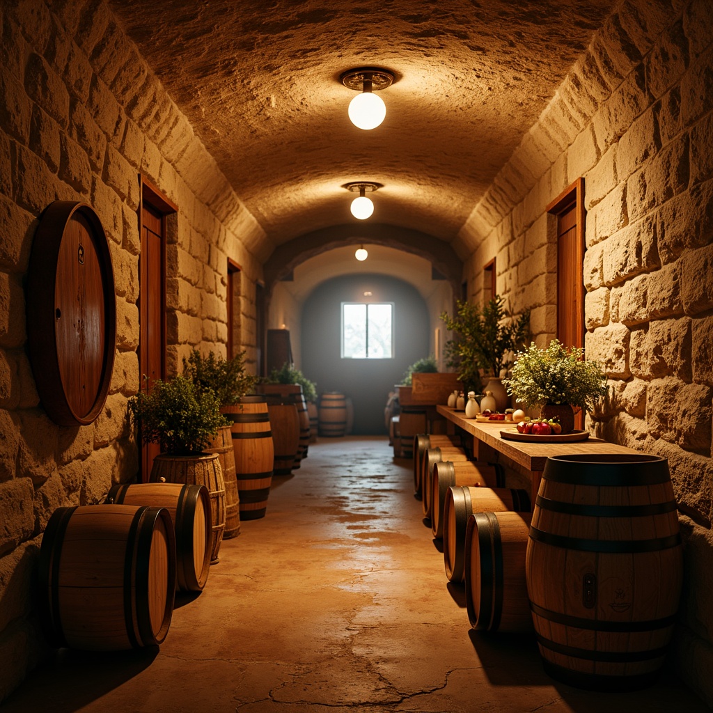 Prompt: Warmly lit wine cellar, rustic stone walls, aged wooden barrels, dimmed pendant lamps, soft warm glow, intimate ambiance, rich wood tones, earthy color palette, subtle gradient lighting, dramatic spotlights, atmospheric mist, vintage wine bottles, ornate metalwork, distressed stonework, Mediterranean-inspired decor, warm beige colors, ambient shadows, 1/2 composition, cinematic mood, realistic reflections.