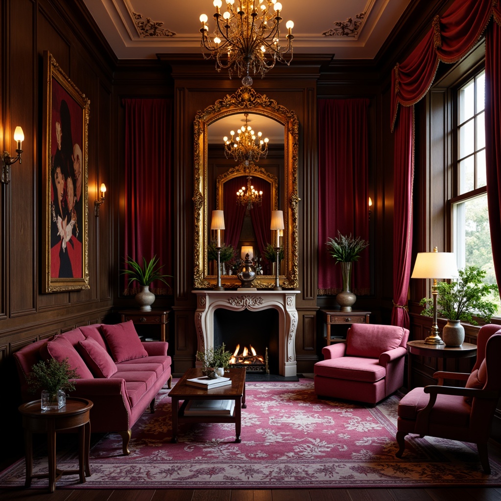 Prompt: Rich velvet drapes, ornate golden frames, luxurious fabrics, lavish furnishings, opulent chandeliers, intricate carvings, dark wood tones, regal red accents, majestic purple hues, soft cream backgrounds, warm candlelight, dramatic shadows, 1/1 composition, shallow depth of field, soft focus, realistic textures.