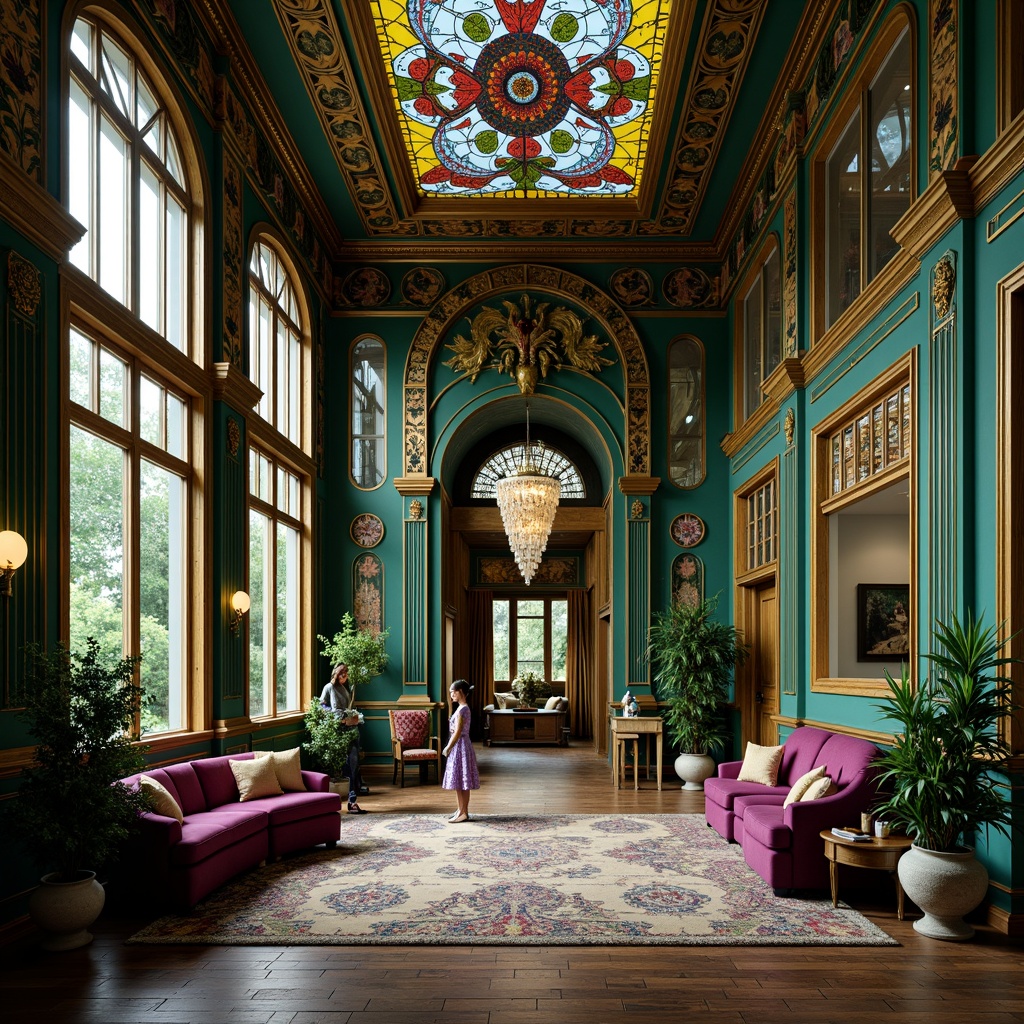 Prompt: Luxurious Art Nouveau interior, rich jewel-toned colors, emerald green, sapphire blue, amethyst purple, golden accents, ornate metallic details, flowing organic lines, sinuous curves, floral patterns, botanical motifs, soft warm lighting, velvet textures, intricate moldings, wooden paneling, stained glass windows, grand chandeliers, opulent furnishings, natural materials, earthy tones, whimsical illustrations, 3/4 composition, shallow depth of field, realistic rendering.