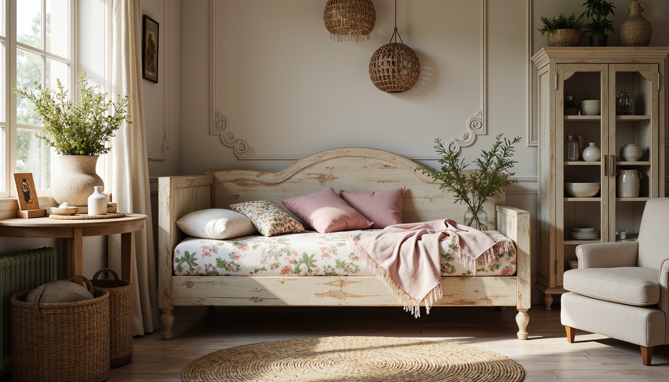 Prompt: Rustic vintage furniture, distressed wood finishes, soft pastel hues, floral patterns, lace trimmings, velvet fabrics, linen drapes, natural fiber rugs, woven baskets, antique accessories, shabby-chic decor, feminine touches, warm cozy ambiance, softbox lighting, 1/1 composition, intimate close-ups, realistic textures, subtle color grading.