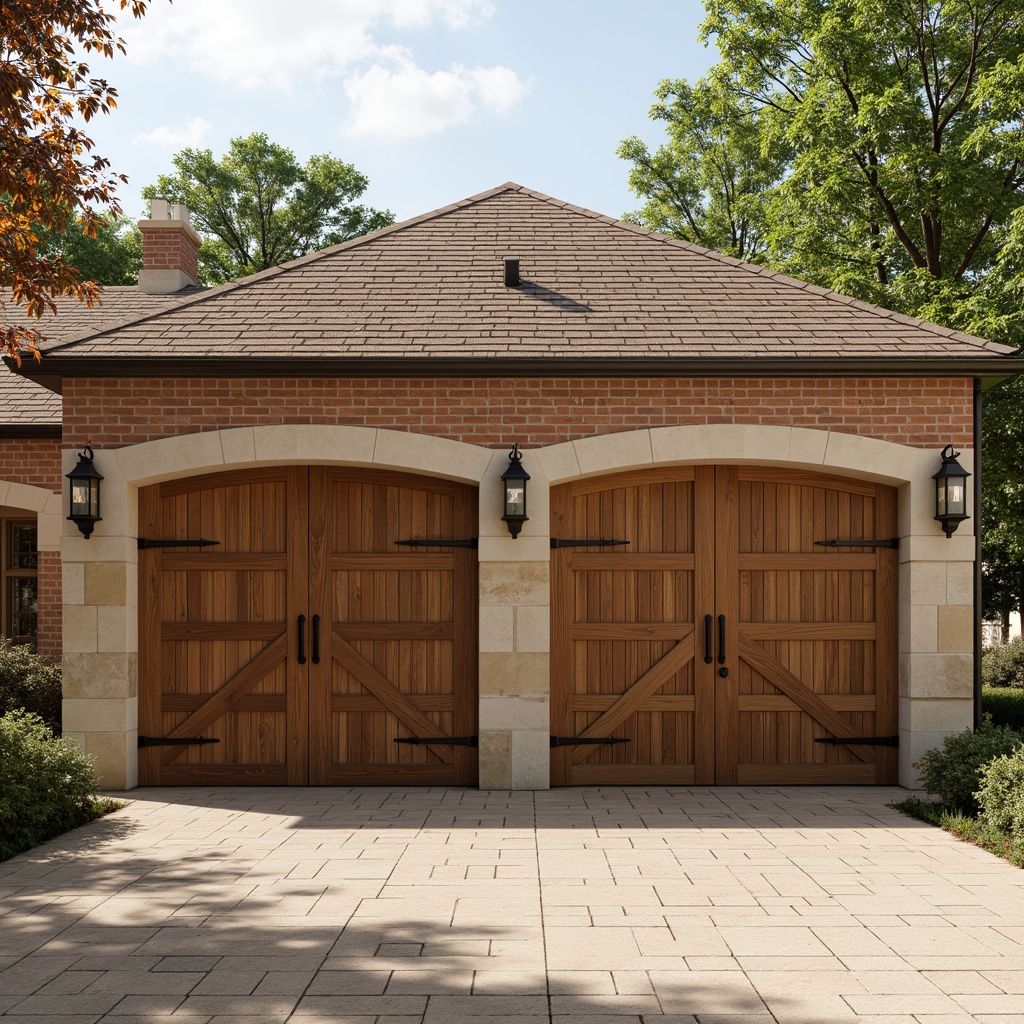 Prompt: Family garage, classicism style, wooden doors, metal handles, brick walls, stone foundations, rustic roof tiles, vintage lanterns, distressed wood accents, earthy color palette, natural stone flooring, warm beige exterior, creamy white trim, ornate metal hinges, decorative roof finials, soft afternoon lighting, shallow depth of field, 1/1 composition, realistic textures, ambient occlusion.