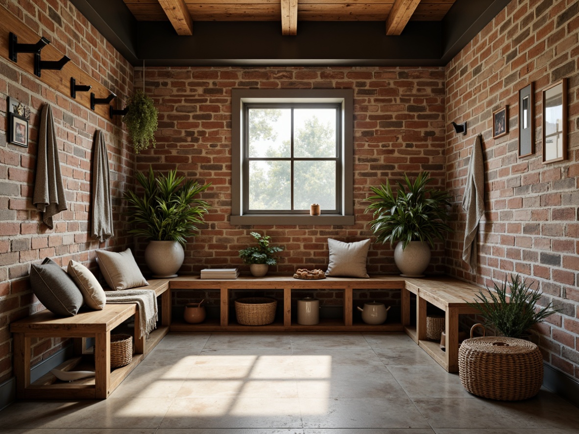 Prompt: Rustic mudroom, exposed brick walls, reclaimed wood accents, natural stone flooring, earthy color palette, brutalist architecture, industrial metal beams, rough-hewn wooden benches, woven wicker storage baskets, potted plants, organic textiles, raw concrete surfaces, matte black metal fixtures, warm ambient lighting, shallow depth of field, 2/3 composition, realistic textures, atmospheric fog.