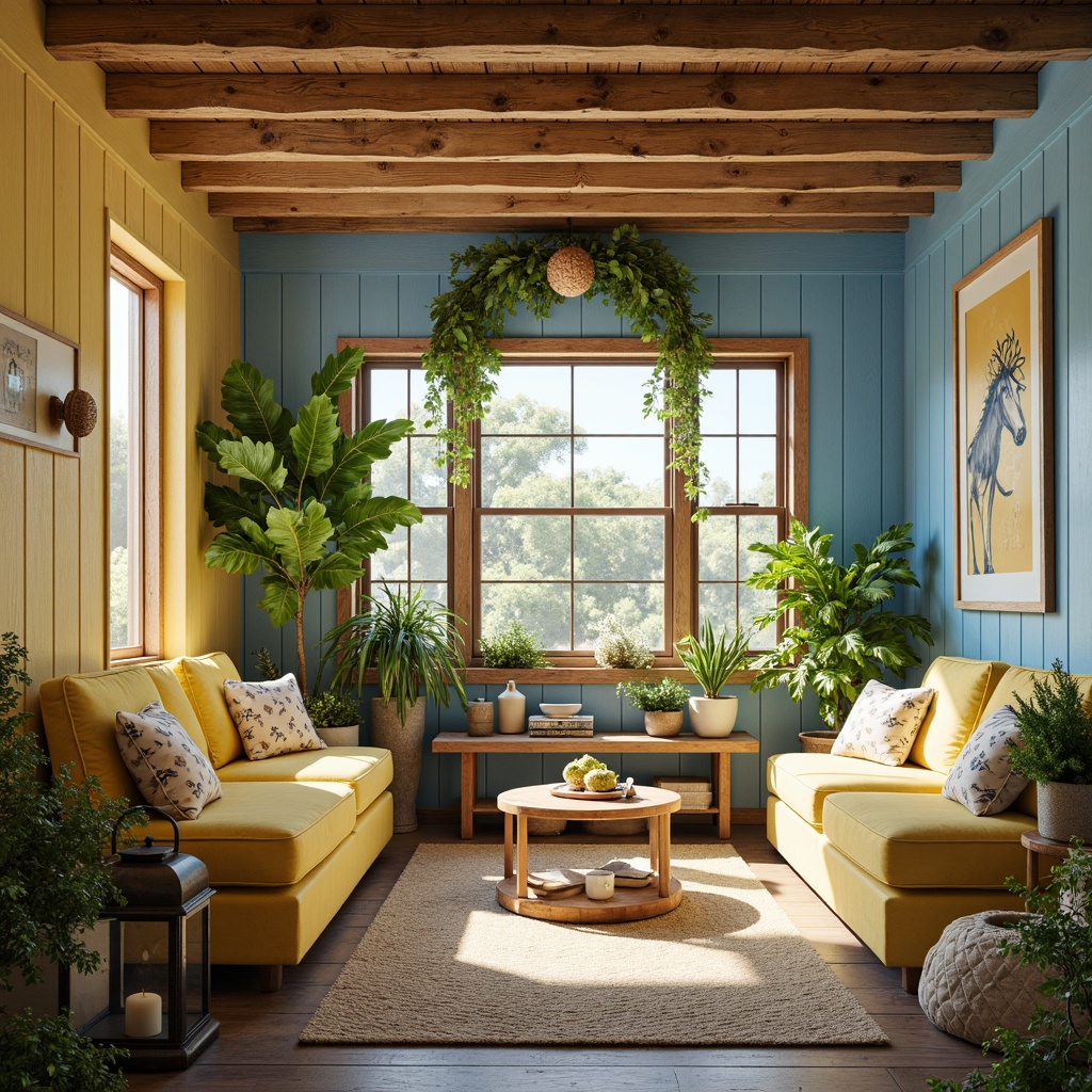 Prompt: Rustic farmhouse, vibrant color palette, warm beige walls, sky blue accents, sunshine yellow furniture, lush greenery, natural wood textures, distressed wooden beams, playful polka dots, whimsical animal illustrations, soft creamy whites, earthy brown tones, cozy reading nooks, vintage metal lanterns, sunny day, shallow depth of field, 3/4 composition, panoramic view, realistic textures, ambient occlusion.