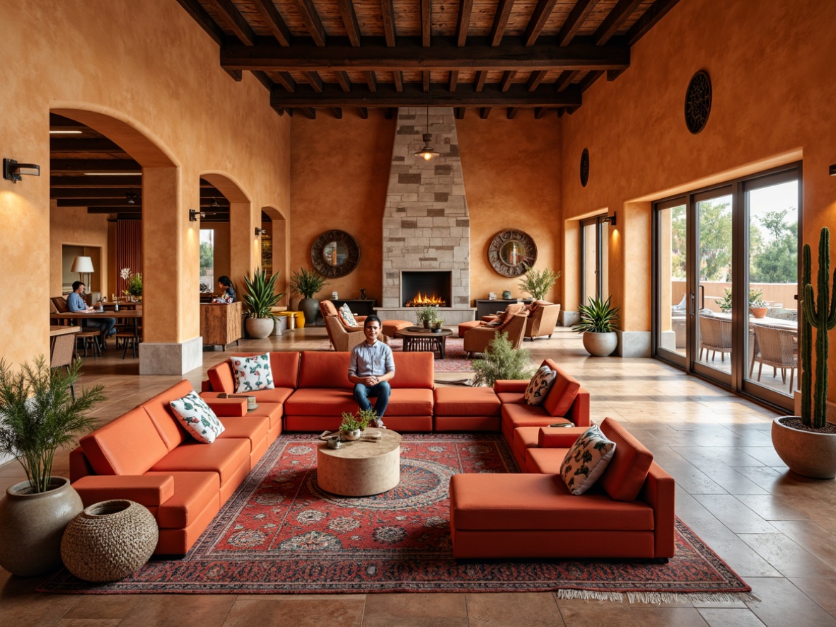 Prompt: Vibrant Southwestern-style student hall, warm earthy tones, rustic wooden accents, colorful textiles, woven baskets, Navajo-inspired patterns, geometric shapes, cozy reading nooks, plush sectional sofas, reclaimed wood coffee tables, Moroccan-tiled floors, natural stone fireplaces, floor-to-ceiling windows, sliding glass doors, desert botanicals, cacti arrangements, warm golden lighting, soft ambient shadows, 1/1 composition, realistic renderings.