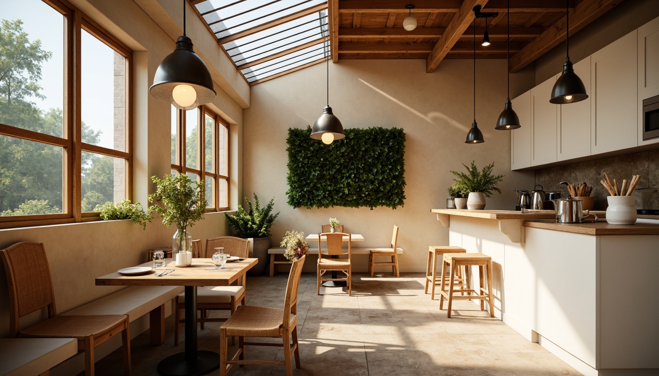 Prompt: Cozy breakfast nook, warm beige tones, soft morning light, pendant lamps, industrial metal shades, Edison bulbs, rustic wooden tables, woven wicker chairs, plush cushions, natural stone floors, minimalist decor, greenery wall, skylight above, bright white cabinets, chrome fixtures, ambient warm glow, 1/1 composition, shallow depth of field, realistic textures.