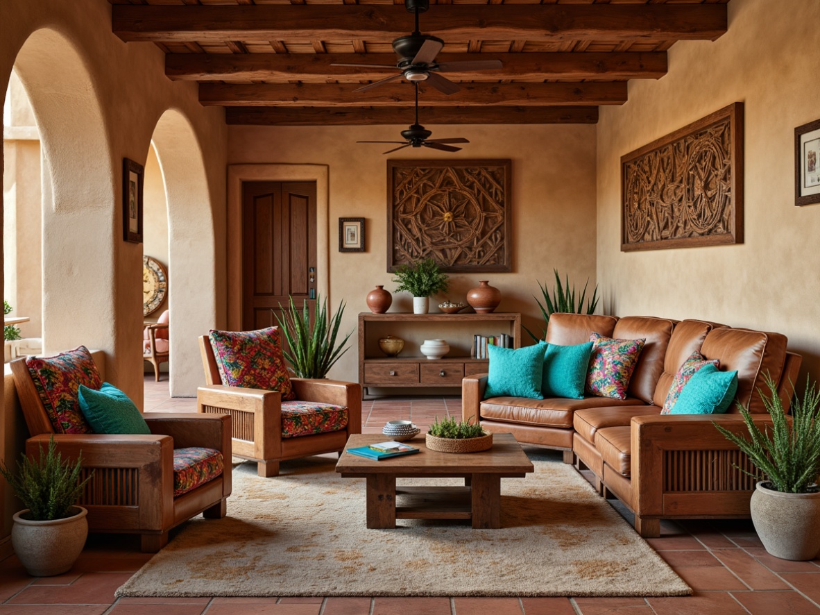 Prompt: Southwestern-inspired living room, rustic wooden furniture, earthy tone upholstery, vibrant turquoise accents, woven Native American patterns, hand-carved wooden decorations, adobe-style architecture, warm beige stucco walls, terracotta floor tiles, natural fiber rugs, potted cacti plants, colorful Mexican pottery, geometric-shaped throw pillows, distressed leather armchairs, wrought iron lighting fixtures, sunset-inspired color palette, warm ambient lighting, shallow depth of field, 2/3 composition, rustic textures, soft focus effect.