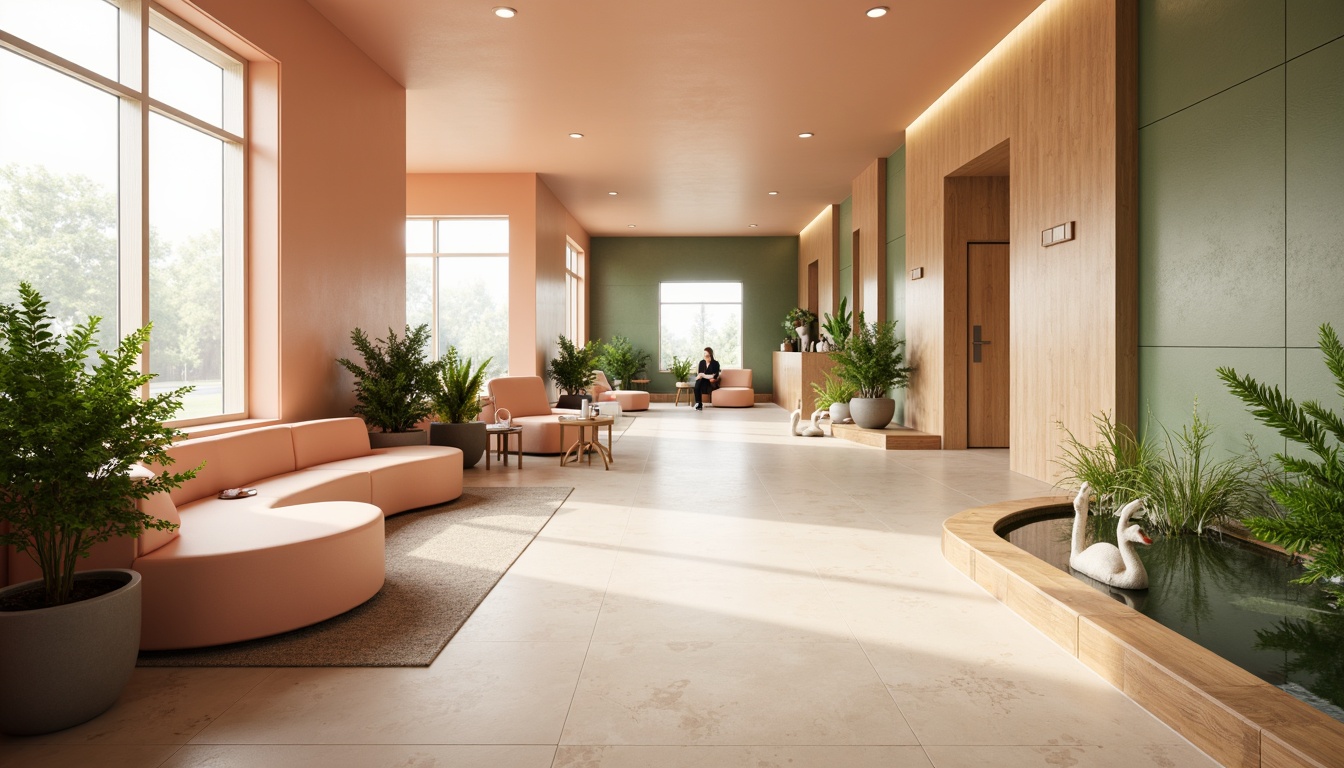 Prompt: Calming healthcare interior, soft peach tones, natural wood accents, gentle curves, comfortable seating areas, soothing water features, lush green walls, warm beige floors, subtle texture contrasts, inviting reception desks, modern medical equipment, ergonomic furniture, ample natural light, airy open spaces, minimalist decor, serene ambiance, shallow depth of field, 1/1 composition, realistic renderings.