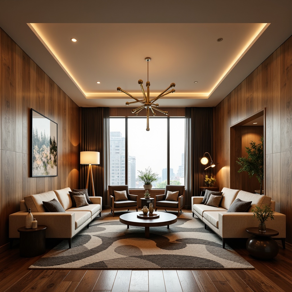 Prompt: Mid-century modern living room, warm ambient lighting, brass sputnik chandeliers, minimalist linear fixtures, natural wood accents, earthy tone walls, geometric patterned rugs, low-profile sofas, retro-inspired armchairs, floor-to-ceiling windows, sheer curtains, soft diffused light, 1/1 composition, realistic textures, subtle shadows.