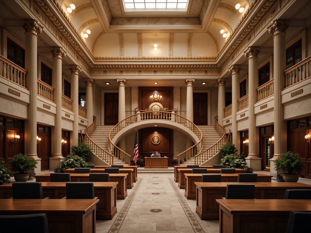 Prompt: Grand courthouse building, neoclassical fa\u00e7ade, symmetrical columns, majestic entrance, sweeping staircases, ornate chandeliers, high ceilings, natural stone walls, rich wood accents, elegant furnishings, formal courtroom settings, judge's bench, witness stands, lawyer's desks, spectator seating, acoustic panels, subtle lighting, 1/2 composition, wide-angle lens, realistic textures, ambient occlusion.