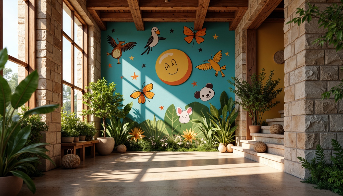 Prompt: Vibrant zoo walls, playful animal prints, natural stone textures, wooden accents, rustic metal frames, earthy color palette, organic shapes, whimsical illustrations, hand-painted murals, jungle-inspired patterns, leafy greens, tropical flowers, exotic birds, sunny afternoon light, soft warm glow, shallow depth of field, 1/1 composition, realistic renderings, ambient occlusion.