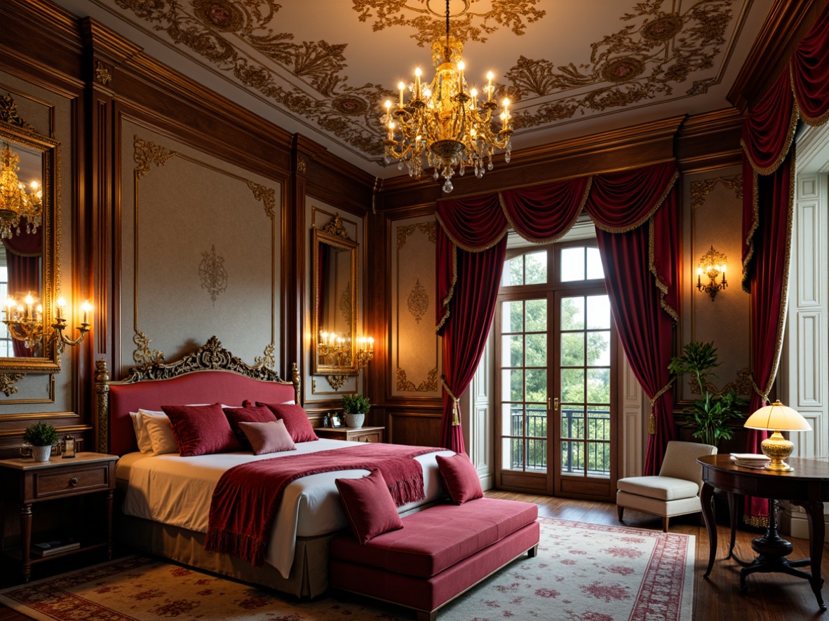 Prompt: Opulent Baroque bedroom, rich velvet fabrics, intricate gold leaf patterns, ornate mirrors, lavish chandeliers, dark wood furnishings, luxurious drapes, subtle sheen, warm golden lighting, soft focus, intimate atmosphere, Renaissance-inspired accents, bold reds, deep blues, muted greens, creamy whites, gilded frames, carved wooden details, grandiose architectural elements, dramatic ceiling designs.