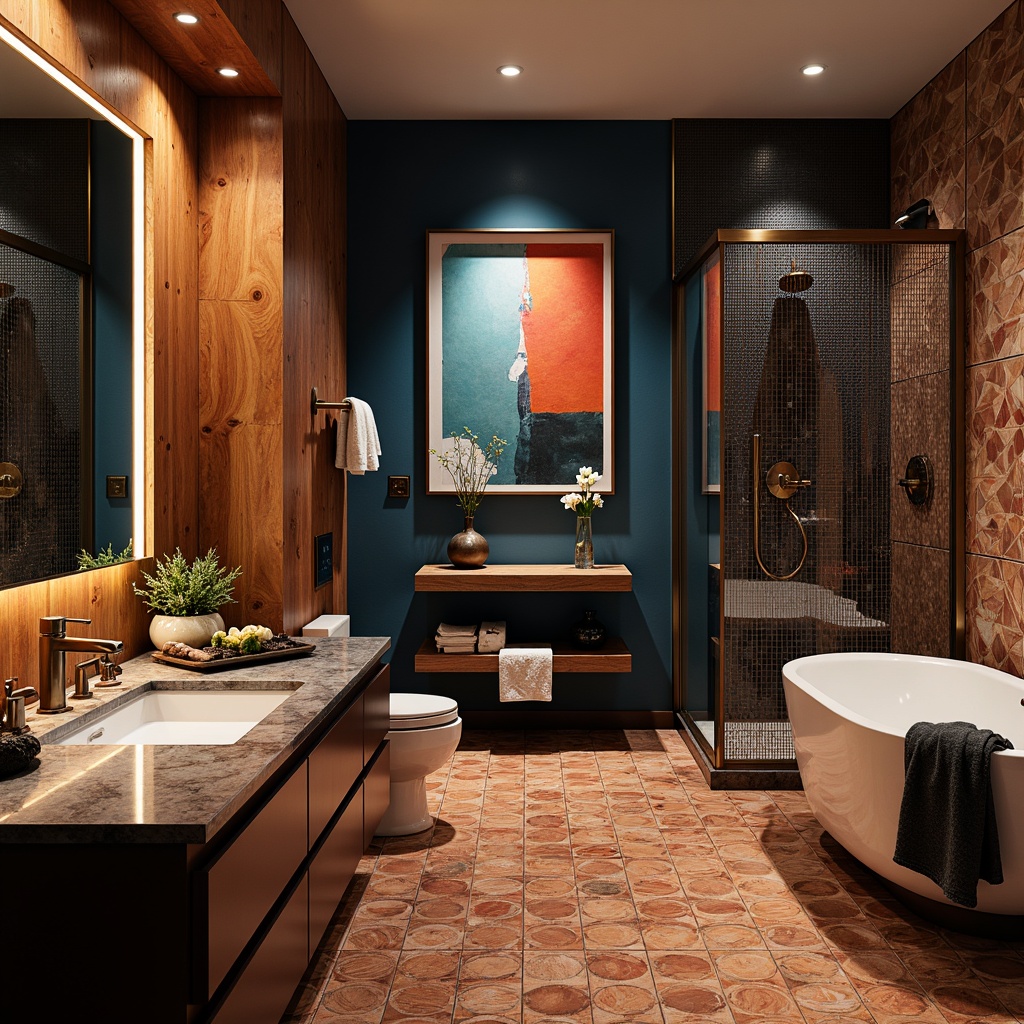 Prompt: Expressive bathroom, bold color schemes, geometric patterned tiles, luxurious marble countertops, metallic accents, ornate fixtures, LED lighting, textured glass shower doors, freestanding tubs, wooden cabinetry, high-gloss finishes, abstract artwork, moody ambiance, dramatic shadows, 1/2 composition, shallow depth of field, warm soft focus.