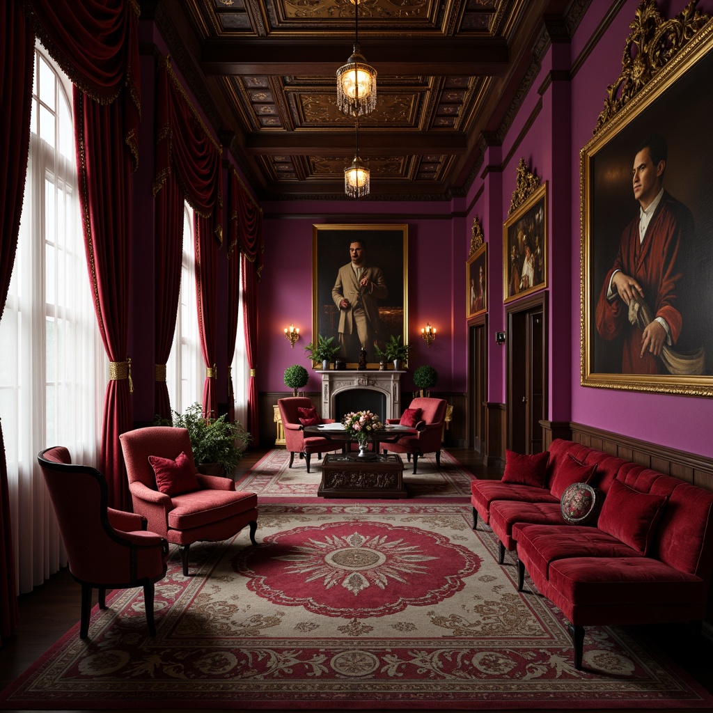 Prompt: Rich velvet drapes, ornate gold frames, lavish furnishings, soft warm lighting, regal purple walls, opulent red accents, intricate patterns, luxurious fabrics, antique wooden furniture, carved details, majestic high ceilings, crystal chandeliers, dramatic floor-to-ceiling windows, romantic ambiance, mysterious shadows, 1/2 composition, low-key illumination, cinematic mood.