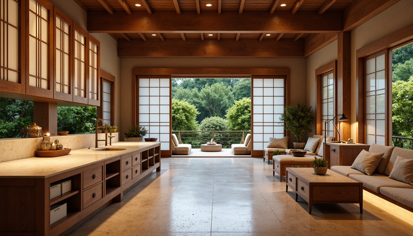 Prompt: Traditional Japanese shoji screens, natural wood tones, warm beige countertops, ornate metal hardware, intricate carvings, subtle LED lighting, minimalist aesthetic, simplistic storage solutions, earthy terracotta floors, lush greenery, sliding glass doors, serene ambient lighting, shallow depth of field, 3/4 composition, panoramic view, realistic textures, ambient occlusion.