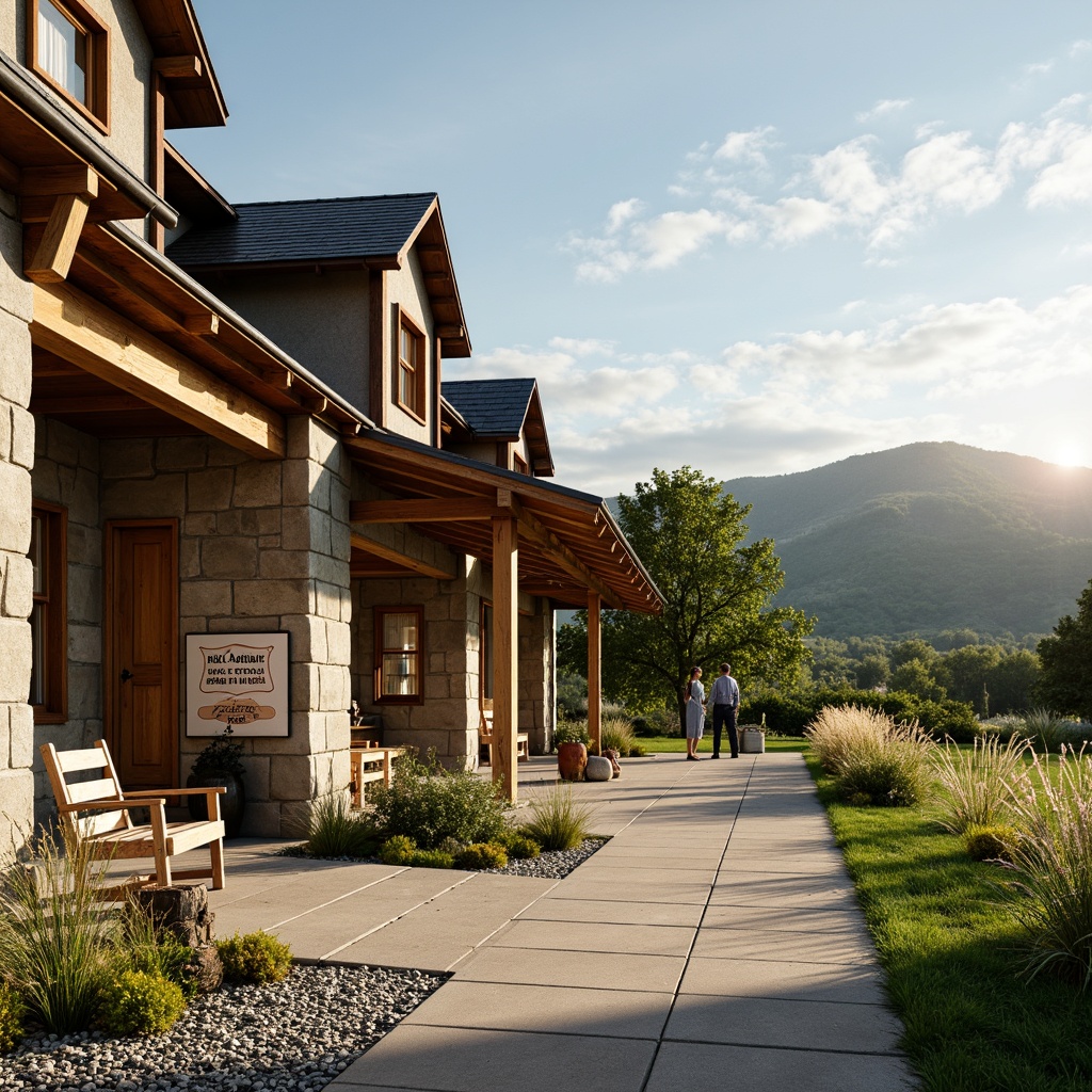 Prompt: Rustic bus station, farmhouse-inspired architecture, natural stone walls, wooden beams, sloping roofs, earthy color palette, vintage signs, rural landscape, rolling hills, green pastures, wildflowers, sunny afternoon, soft warm lighting, shallow depth of field, 1/1 composition, symmetrical view, realistic textures, ambient occlusion.