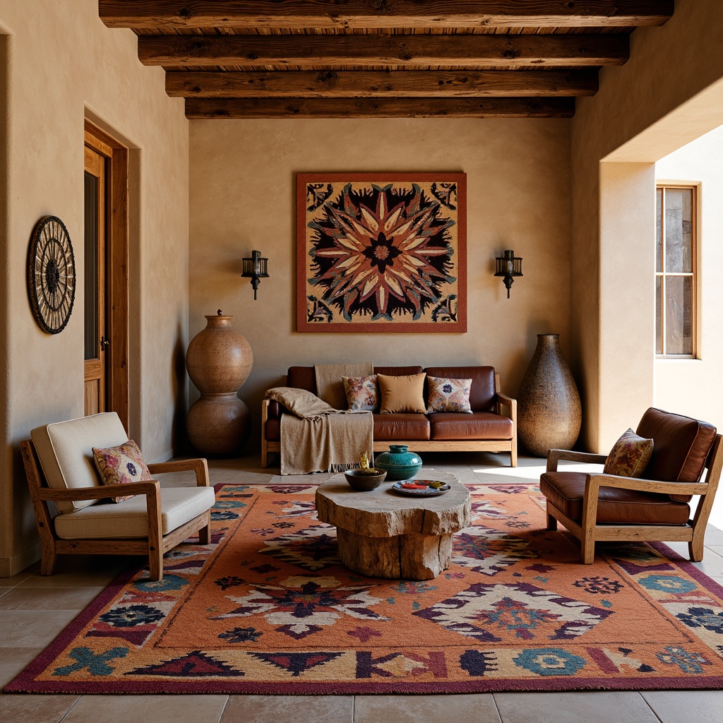 Prompt: Vibrant Southwestern patterned rugs, bold tribal prints, woven baskets, rustic wooden accents, natural fiber upholstery, earthy terracotta vases, geometric Aztec-inspired textiles, warm beige stucco walls, distressed leather armchairs, rich turquoise accessories, woven wool blankets, sun-bleached driftwood coffee tables, vintage Navajo jewelry displays, soft warm lighting, shallow depth of field, 1/1 composition, realistic textures.