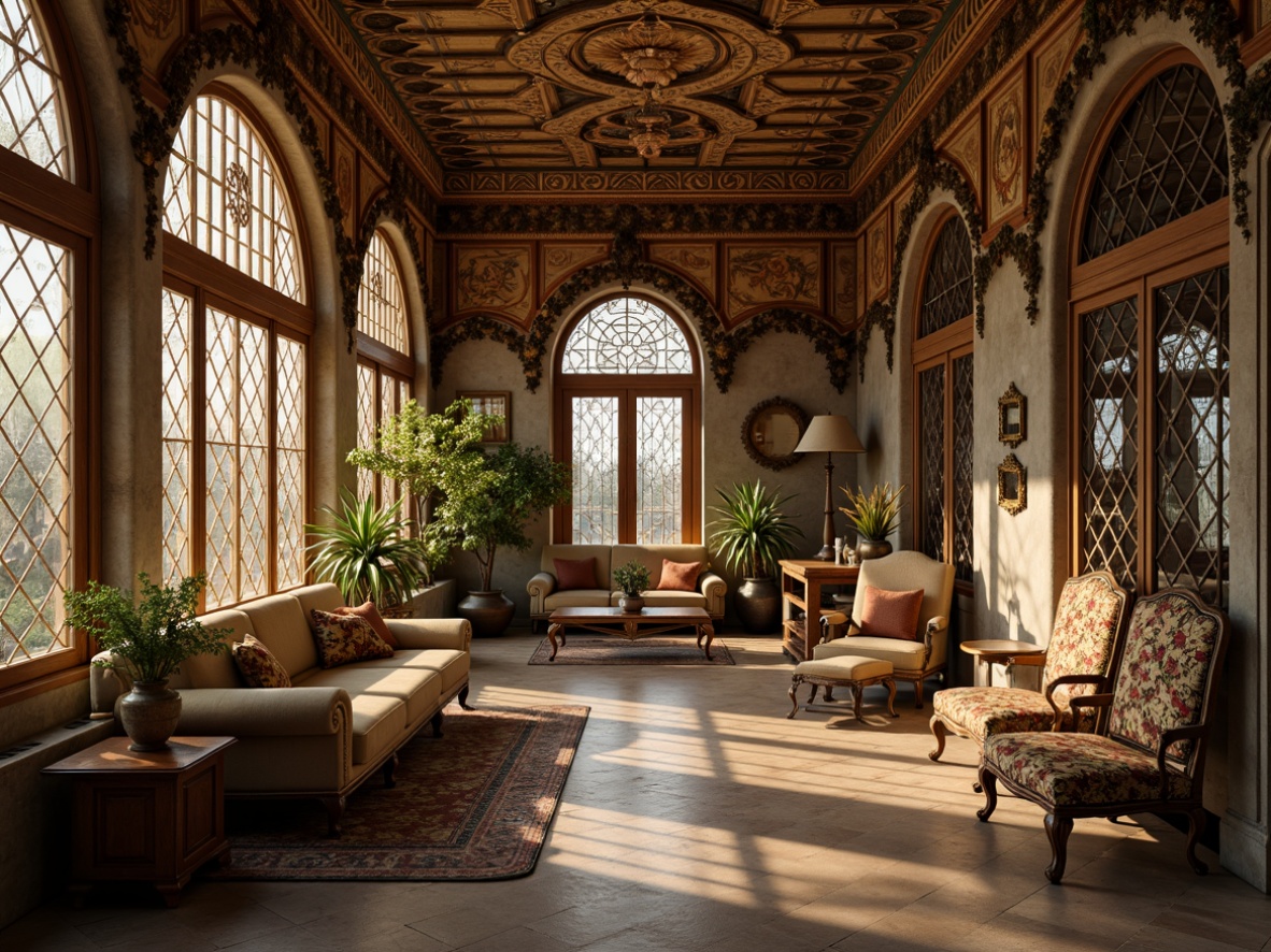 Prompt: Intricate ornaments, flowing curves, organic forms, botanical motifs, elegant lines, sinuous shapes, luxurious materials, ornate details, vintage charm, antique furniture, decorative patterns, stained glass windows, ironwork decorations, sculpted facades, asymmetrical compositions, warm golden lighting, soft focus, shallow depth of field, 2/3 composition, atmospheric perspective.