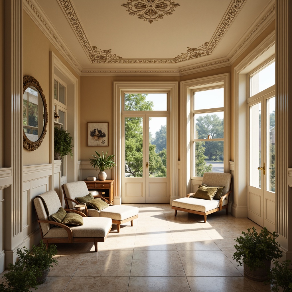 Prompt: Elegant sunroom, classicism style, ornate moldings, soft natural light, warm beige walls, creamy white trim, decorative wainscoting, subtle texture, horizontal paneling, recessed niches, built-in shelving, ornamental ceiling details, luxurious fabrics, rich wood tones, subtle sheen finishes, ambient warm lighting, shallow depth of field, 2/3 composition, realistic textures, soft focus effect.