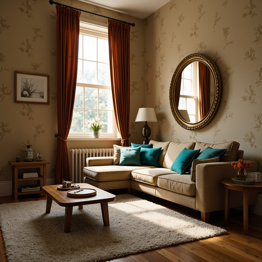 Prompt: Cozy living room, plush area rug, warm beige walls, comfortable sectional sofa, vibrant turquoise throw pillows, natural wood coffee table, elegant floor lamp, rich velvet drapes, subtle patterned wallpaper, ornate gold mirror frame, delicate china vase, fresh flower arrangement, soft warm lighting, shallow depth of field, 1/1 composition, intimate atmosphere, realistic textures.