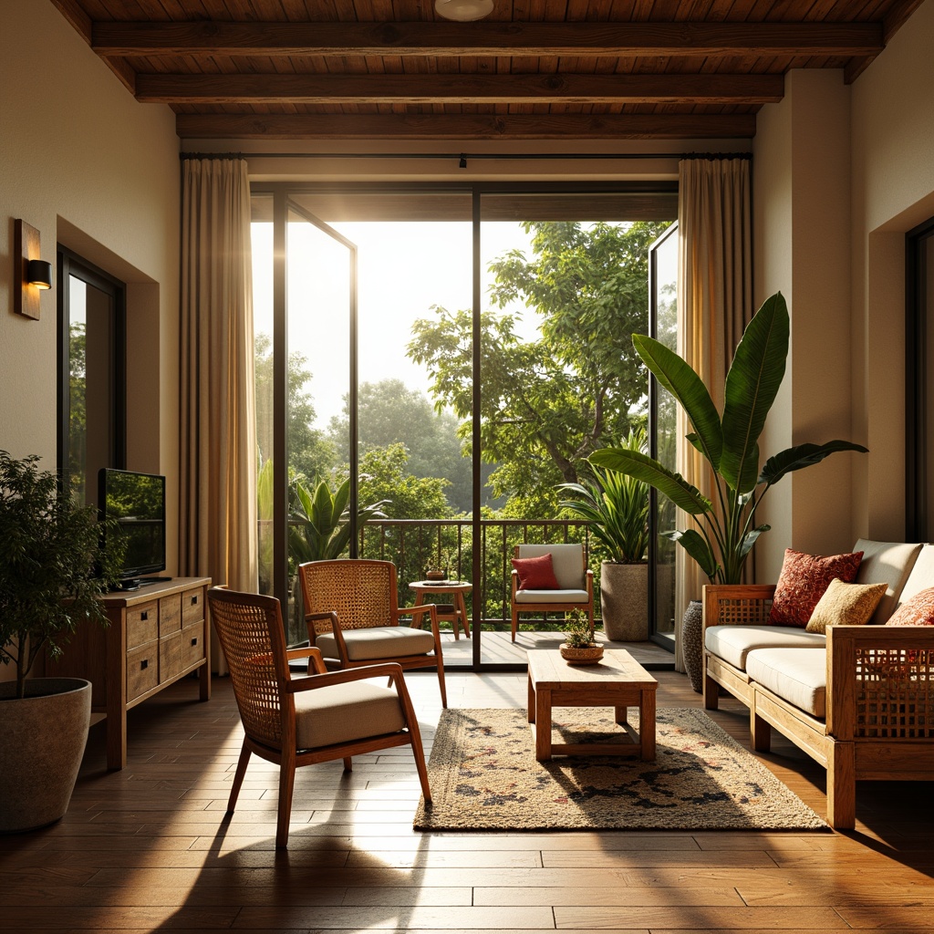 Prompt: Rustic wooden furniture, woven rattan chairs, plush velvet sofas, natural fiber rugs, exotic potted plants, tropical leaf patterns, warm beige walls, large sliding glass doors, open-air balcony, lush greenery views, sunny afternoon light, soft golden lighting, 1/1 composition, shallow depth of field, realistic wood textures, ambient occlusion.