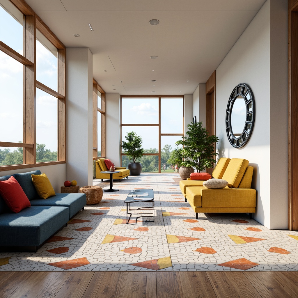 Prompt: Minimalist modern interior, angular geometric shapes, hexagonal tiles, triangular patterns, circular mirrors, rectangular sofas, vibrant colorful accents, bold black outlines, sleek metal legs, polished wooden floors, abundant natural light, airy atmosphere, shallow depth of field, 1/1 composition, realistic textures, ambient occlusion.