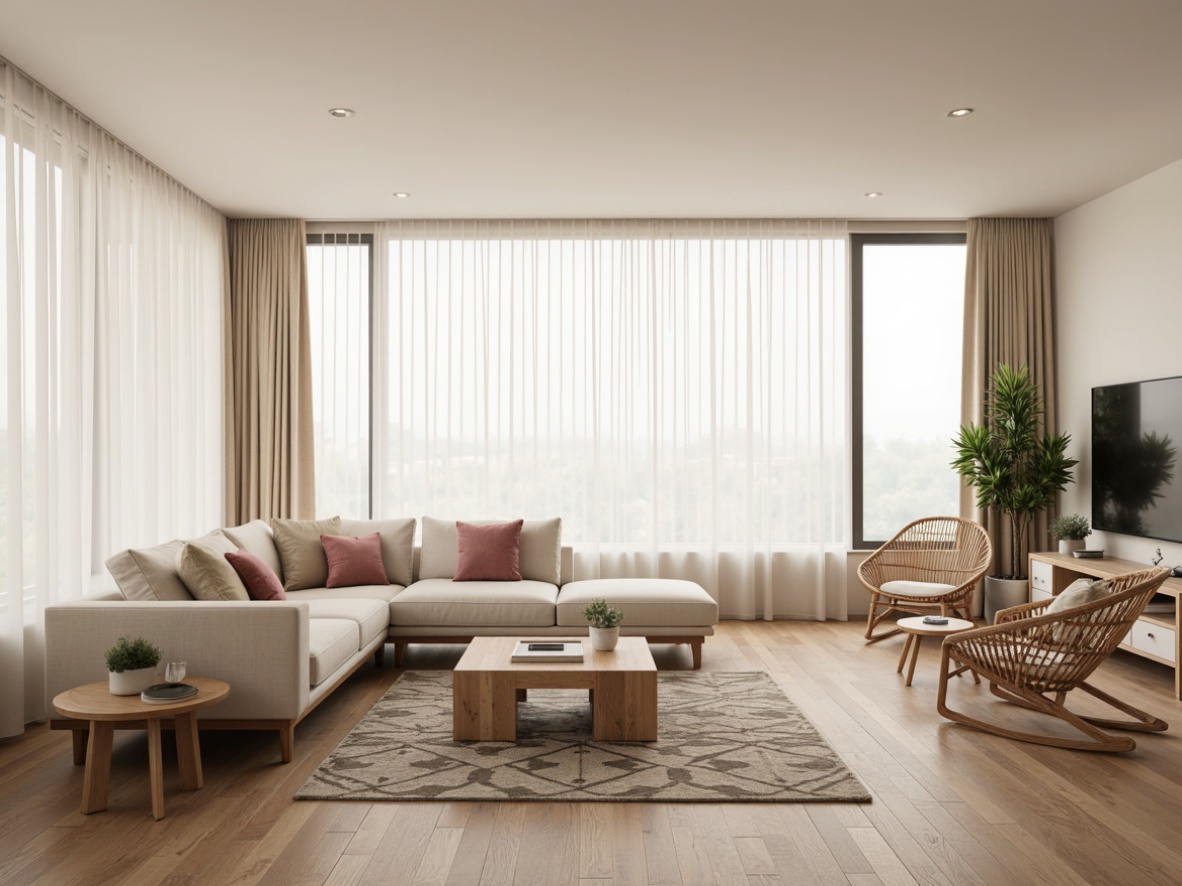 Prompt: Minimalist living room, light-filled space, wooden floors, soft beige walls, Nordic-inspired furniture, sleek low-profile sofas, natural wood coffee tables, woven rattan armchairs, geometric patterned rugs, floor-to-ceiling windows, sheer white curtains, modern Scandinavian design, functional simplicity, cozy atmosphere, warm ambient lighting, shallow depth of field, 1/2 composition, realistic textures, subtle color palette.