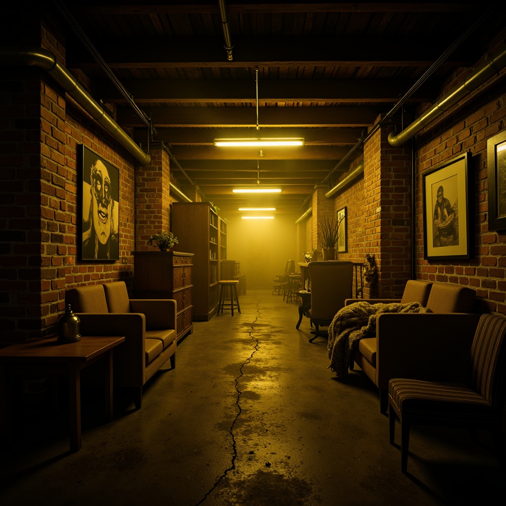 Prompt: Moody basement atmosphere, dimly lit corridors, warm yellow lighting, exposed brick walls, industrial metal pipes, distressed wooden beams, vintage furniture, abstract artwork, eclectic decor, mysterious shadows, low-key illumination, single-source lighting, dramatic chiaroscuro, atmospheric fog, cinematic composition, gritty textures, bold color contrasts.