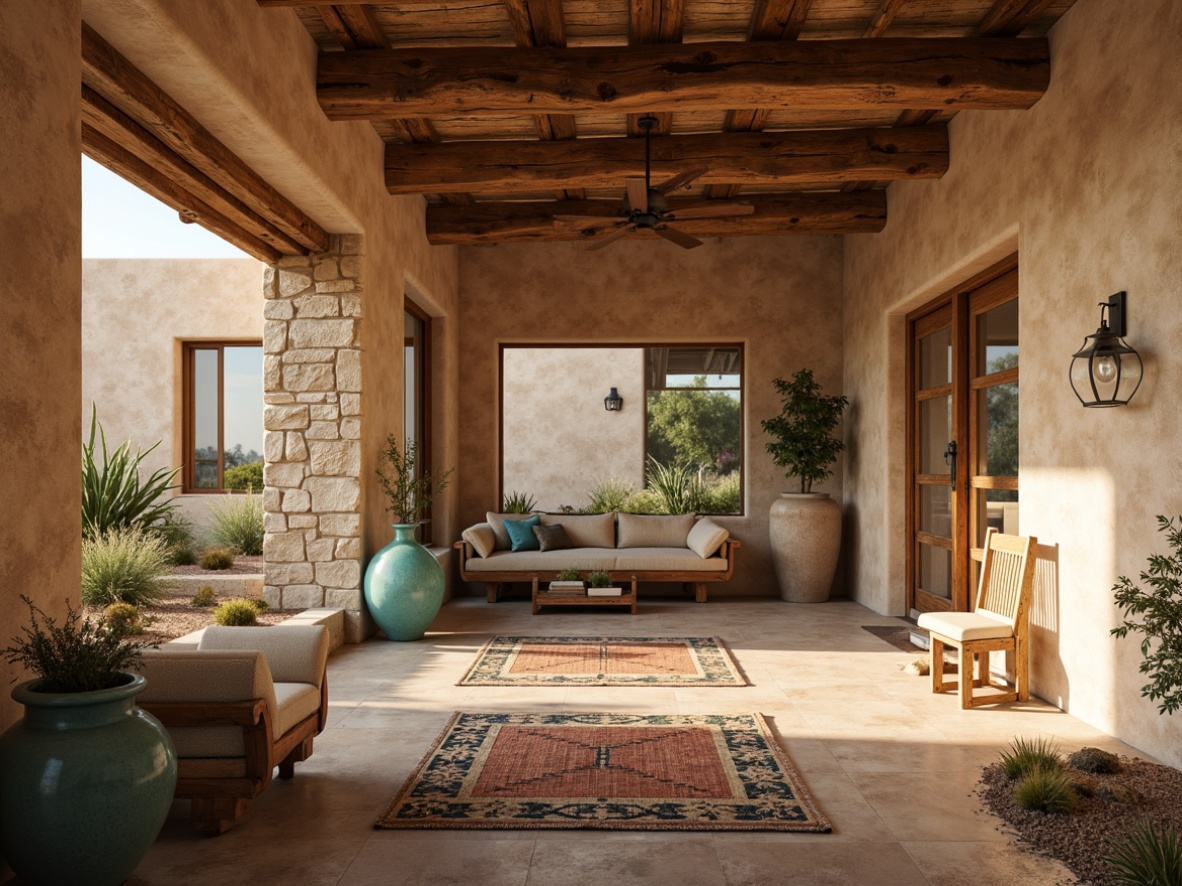 Prompt: Southwestern adobe architecture, earthy stucco walls, warm beige plaster textures, rustic stone accents, woven Native American patterns, vibrant turquoise ceramics, distressed wood trim, natural fiber rugs, desert botanicals, cacti silhouettes, warm golden lighting, shallow depth of field, 1/1 composition, realistic ambient occlusion.