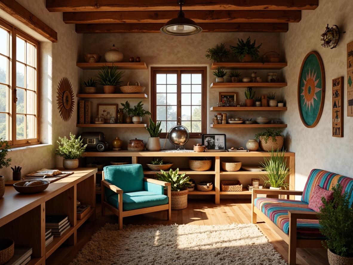 Prompt: Cozy craft room, Southwestern style, rustic wooden furniture, woven baskets, vibrant turquoise accents, plush area rug, natural textiles, earthy color palette, warm golden lighting, soft shadows, 3/4 composition, intimate space, artistic decor, creative workspace, organized storage, functional shelving, eclectic accessories, cultural patterns, geometric motifs.