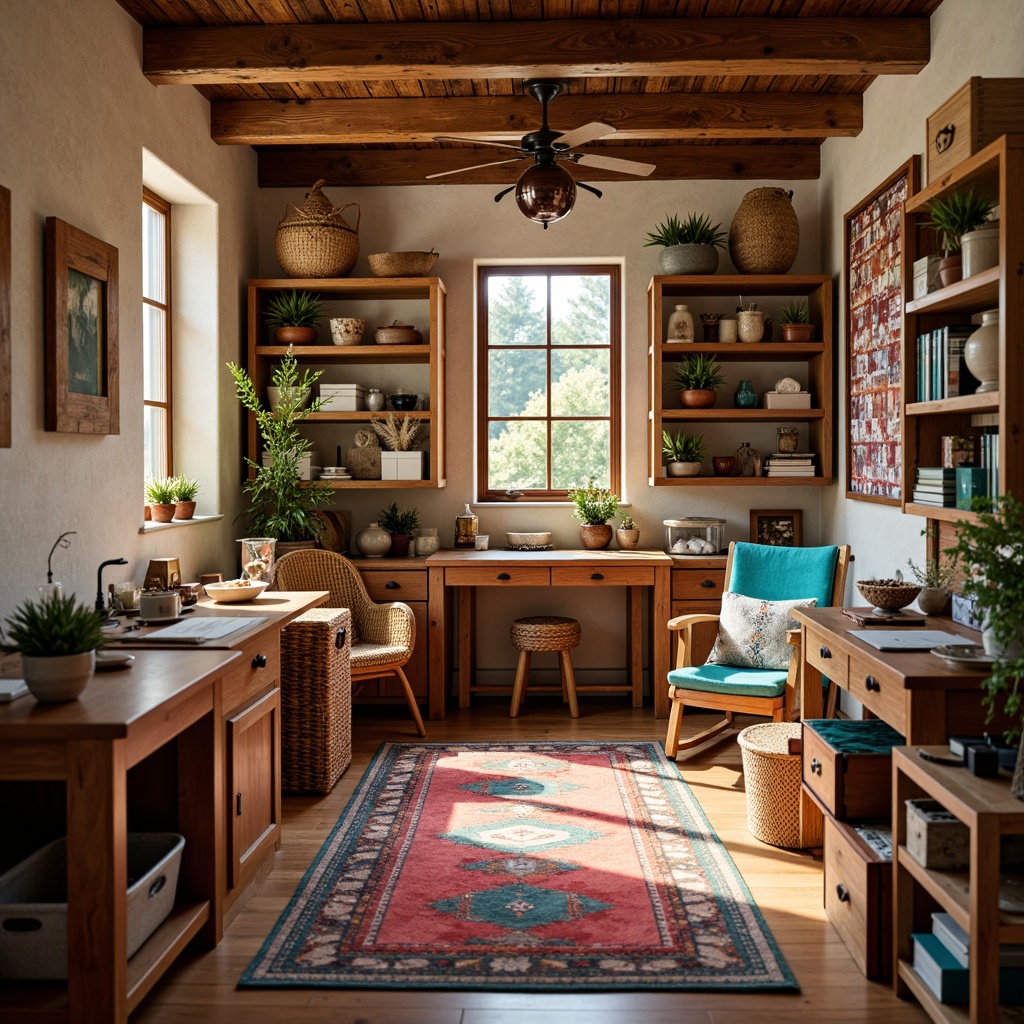 Prompt: Cozy craft room, southwestern decor, rustic wooden furniture, woven baskets, colorful textiles, vibrant turquoise accents, natural fiber rugs, earthy tone walls, plenty of storage, organized workstations, built-in shelving, comfortable seating areas, warm task lighting, soft ambient glow, 1/1 composition, intimate close-ups, realistic wood grain textures, subtle depth of field.