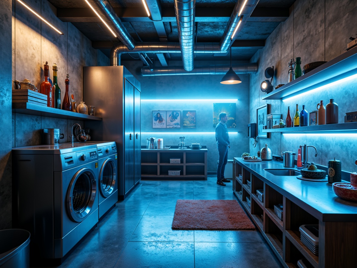 Prompt: Futuristic laundry room, metallic appliances, glowing neon lights, sleek surfaces, retro-futuristic accents, distressed concrete walls, exposed ductwork, polished steel countertops, minimalist shelving, angular cabinetry, vibrant blue LED lighting, misty atmosphere, shallow depth of field, 1/1 composition, realistic reflections, ambient occlusion, industrial-style pipes, chrome finishes, futuristic fabric patterns, iridescent colors, holographic displays.