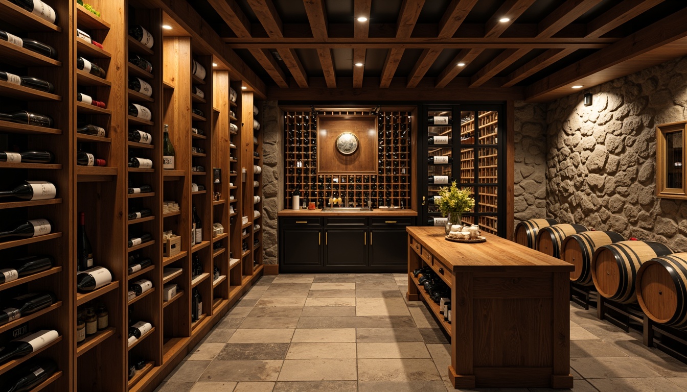 Prompt: Climate-controlled wine cellar, temperature ranges from 12\u00b0C to 15\u00b0C, humidity levels between 50% and 70%, insulated walls, double-glazed doors, UV-resistant glass, wooden wine racks, oak barrels, dimmable LED lighting, soft warm ambiance, rustic stone floors, modern minimalist design, precise temperature monitoring, automated cooling systems, air purification units, silent operation, optimal storage conditions, aged wine collections, exclusive wine tastings, intimate gatherings.