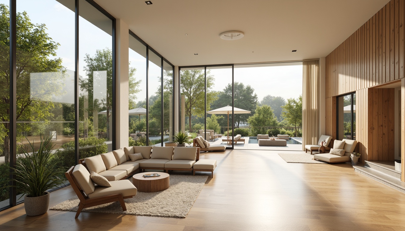 Prompt: Spacious great room, high ceilings, large windows, sliding glass doors, minimal obstructions, open floor plan, reflective surfaces, creamy white walls, polished wooden floors, comfortable seating areas, greenery views, natural textiles, earthy color palette, warm sunny day, soft diffused lighting, shallow depth of field, 1/1 composition, panoramic view, realistic textures, ambient occlusion.