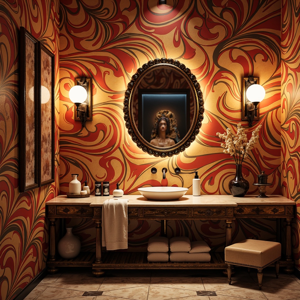 Prompt: Vibrant bathroom, bold color schemes, curvaceous shapes, ornate mirrors, luxurious materials, marble countertops, metallic accents, statement lighting fixtures, abstract patterns, expressive textures, irregular forms, dynamic compositions, artistic freedom, whimsical designs, eclectic mix of vintage and modern elements, distressed finishes, rich jewel tones, warm golden lighting, atmospheric ambiance, 1/1 composition, shallow depth of field, cinematic mood.