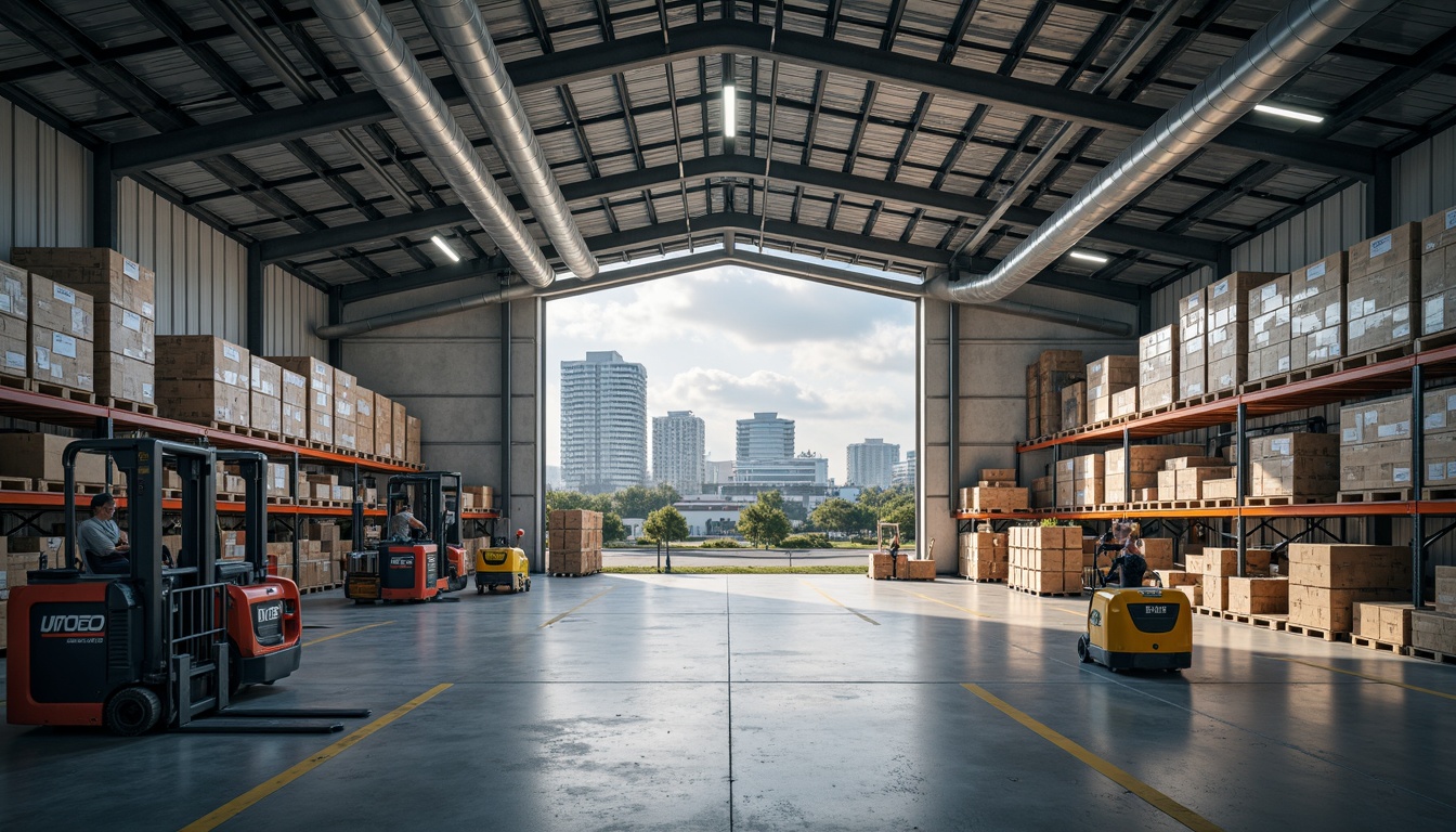 Prompt: Industrial warehouse atmosphere, vaulted ceilings with exposed ductwork, concrete floors, metal beams, functional lighting fixtures, rows of shelving units, crates and boxes storage, fork lifts and pallet jacks, distribution center signage, modern logistic systems, sleek metallic machinery, urban industrial landscape, cloudy sky with soft natural light, shallow depth of field, 1/2 composition, realistic textures, ambient occlusion.