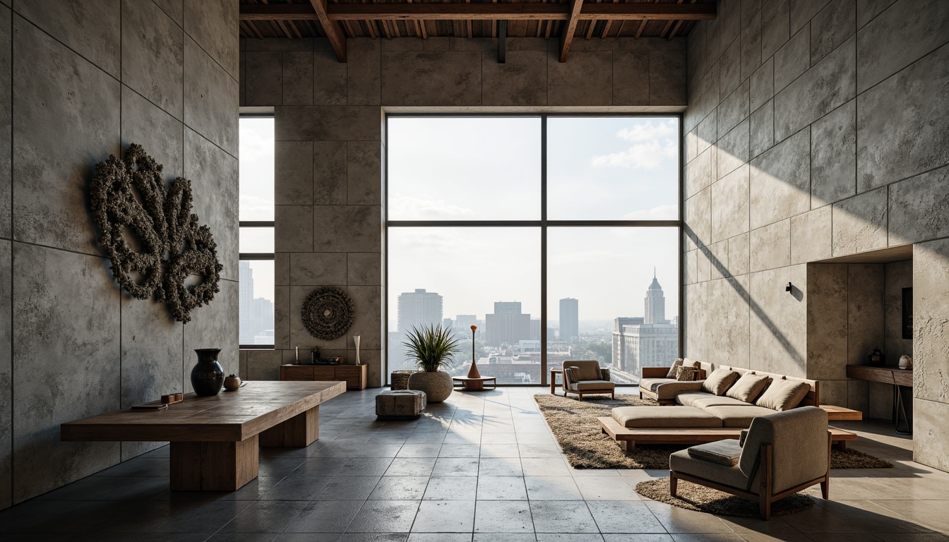 Prompt: Exposed concrete walls, raw brutalist architecture, rugged textures, industrial materials, metal beams, rough-hewn wood accents, natural stone floors, distressed finishes, urban landscapes, cityscape views, abstract art installations, minimalist decor, functional furniture, cold color palette, high ceilings, dramatic lighting, 1/1 composition, stark shadows, realistic renderings.