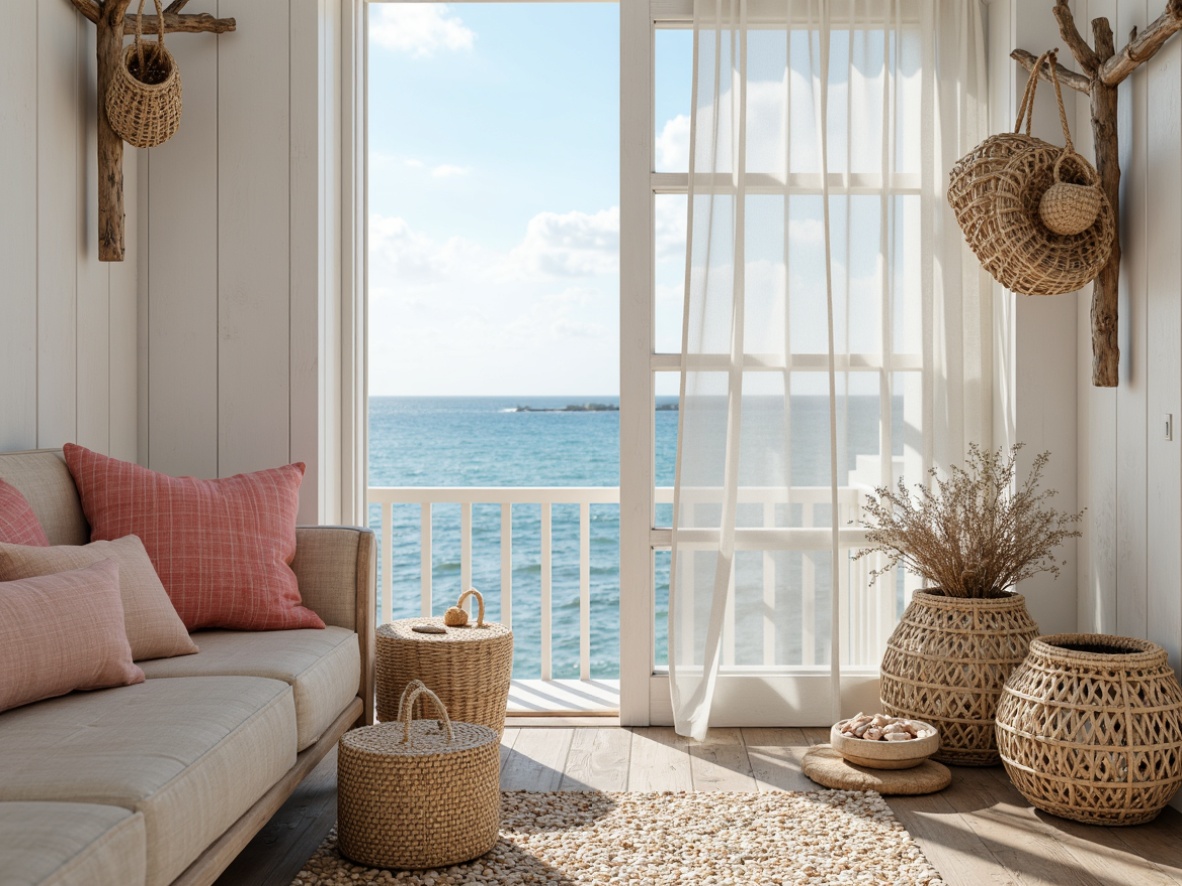 Prompt: Driftwood accents, natural fibers, woven baskets, ocean-inspired color palette, soft blues and whites, coral pink hues, weathered wood textures, beachy vibe, nautical ropes, shells and pebbles, distressed finishes, linen fabrics, billowy curtains, sheer drapes, sea salt air, warm sunny day, gentle ocean breeze, shallow depth of field, 1/1 composition, soft focus, natural lighting, realistic textures.