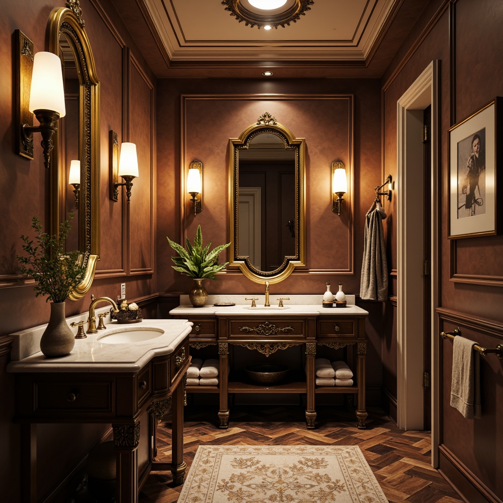 Prompt: Elegant powder room, ornate mirrors, antique fixtures, luxurious fabrics, marble countertops, soft warm lighting, shallow depth of field, 3/4 composition, realistic textures, ambient occlusion, dark hardwood floors, rich walnut tones, intricate inlays, classic herringbone patterns, subtle sheen finishes, ornate borders, vintage-inspired accessories.