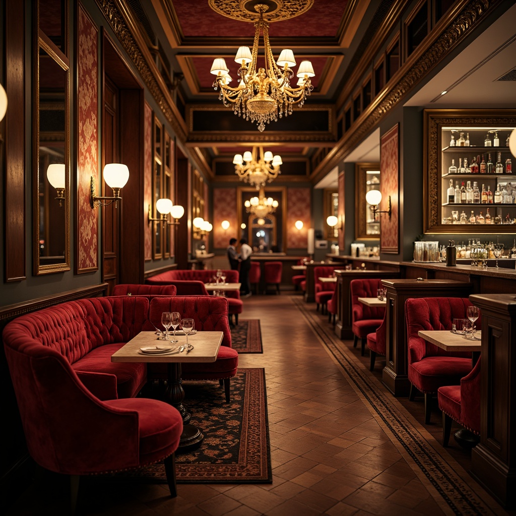 Prompt: Luxurious pub interior, ornate Baroque decor, rich velvet fabrics, golden accents, intricately carved wooden furniture, curved lines, grand chandeliers, lavish upholstery, jewel-toned colors, regal atmosphere, dim warm lighting, shallow depth of field, 1/2 composition, realistic textures, ambient occlusion.