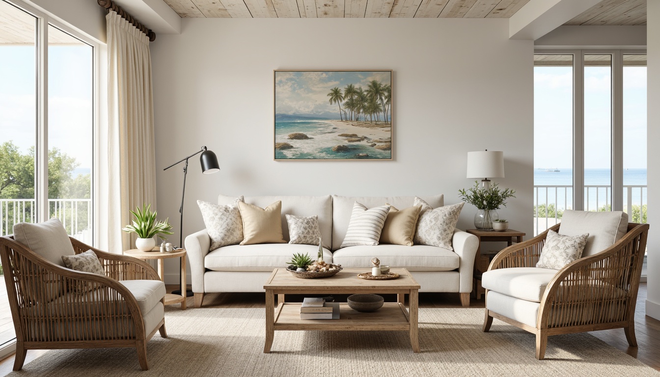 Prompt: Driftwood accents, weathered wood tones, ocean-inspired hues, natural fiber upholstery, woven sea grass chairs, reclaimed wood coffee tables, distressed finishes, coral-patterned throw pillows, shell-shaped decorative accessories, nautical rope details, linen fabrics, whitewashed wooden furniture, beachy vibe, airy feel, abundant natural light, soft coastal breeze, 1/2 composition, warm neutral color palette, relaxed atmosphere.