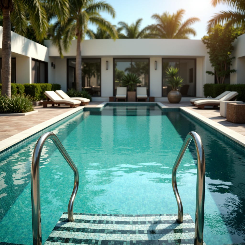 Prompt: Art Deco-inspired swimming pool, sleek curved lines, polished chrome railings, turquoise water, sunlight reflection, rippled surface, geometric patterned tiles, mosaic accents, luxurious lounge chairs, palm tree surroundings, warm sunny day, soft natural lighting, shallow depth of field, 1/1 composition, symmetrical view, realistic water textures, ambient occlusion.