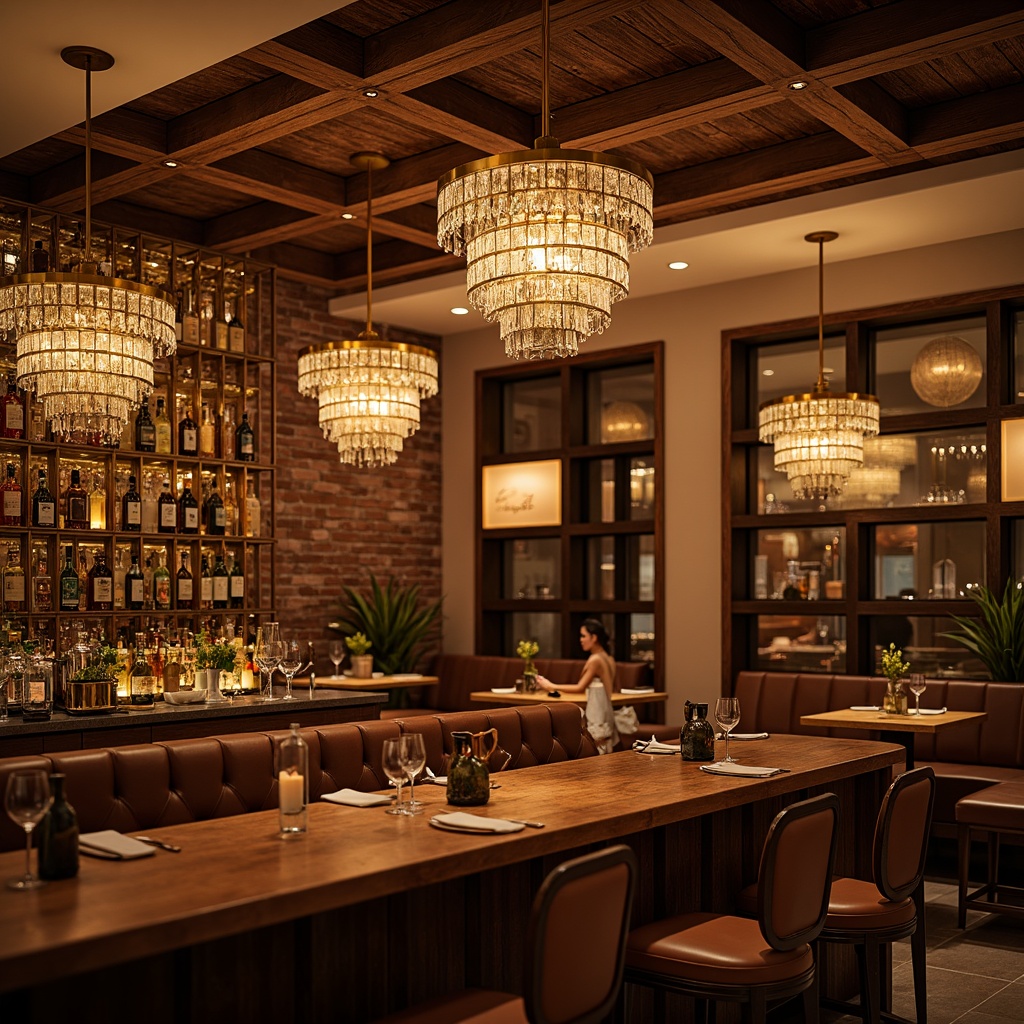 Prompt: Elegant cocktail bar, luxurious ambiance, dimmable LED lights, crystal chandeliers, metallic pendant lamps, reclaimed wood accents, rich leather upholstery, polished chrome fixtures, sophisticated color scheme, warm golden tones, soft glowing atmosphere, 1/2 composition, shallow depth of field, realistic textures, ambient occlusion.