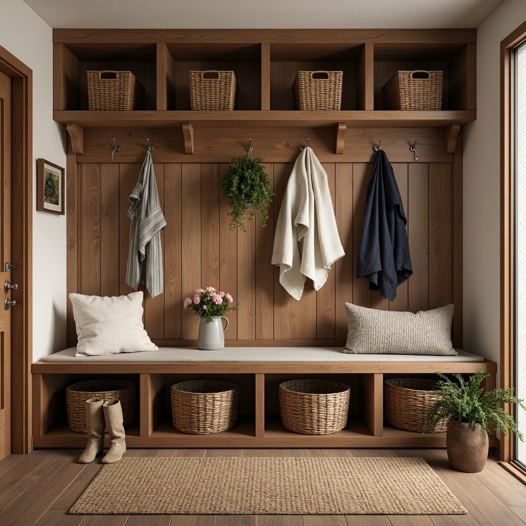 Prompt: Cozy mudroom, rustic wooden benches, woven baskets, natural fiber rugs, earthy color palette, functional storage solutions, built-in shelves, cubbies, hooks, woven fabric bins, wicker storage units, distressed wood accents, warm ambient lighting, soft shadows, 1/1 composition, intimate scale, realistic textures, subtle normal maps.