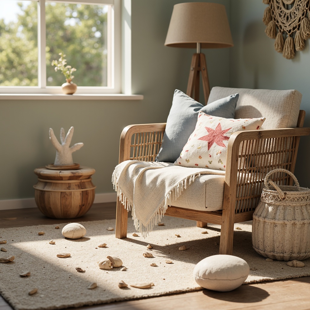 Prompt: Weathered driftwood accents, soft sandy beige hues, sea-salt air, ocean-inspired patterns, coral reef colors, distressed denim fabrics, natural linen textiles, nautical rope details, shells and pebbles decorations, beachy vibe, sunny day, warm golden lighting, shallow depth of field, 1/2 composition, realistic textures, ambient occlusion.