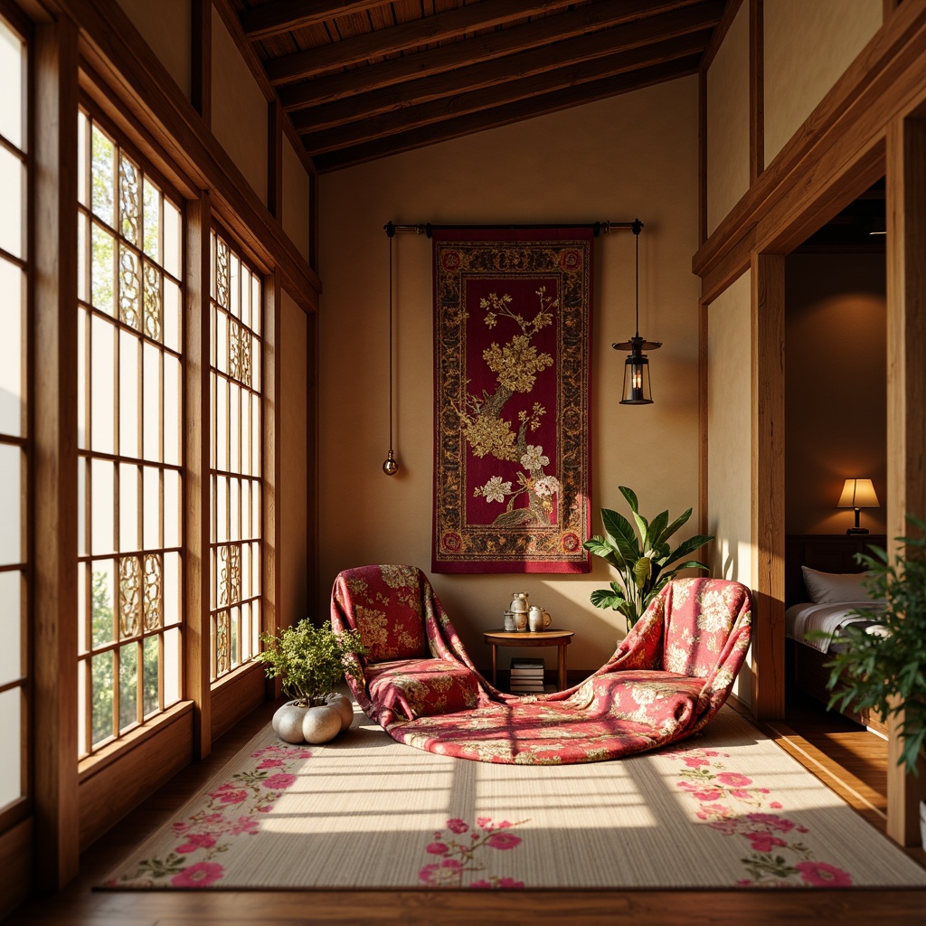 Prompt: Vibrant silk fabrics, intricate embroidery, golden accents, ornate wooden carvings, traditional Japanese shoji screens, natural fiber rugs, woven bamboo walls, subtle cherry blossom patterns, soft warm lighting, shallow depth of field, 3/4 composition, panoramic view, realistic textures, ambient occlusion.